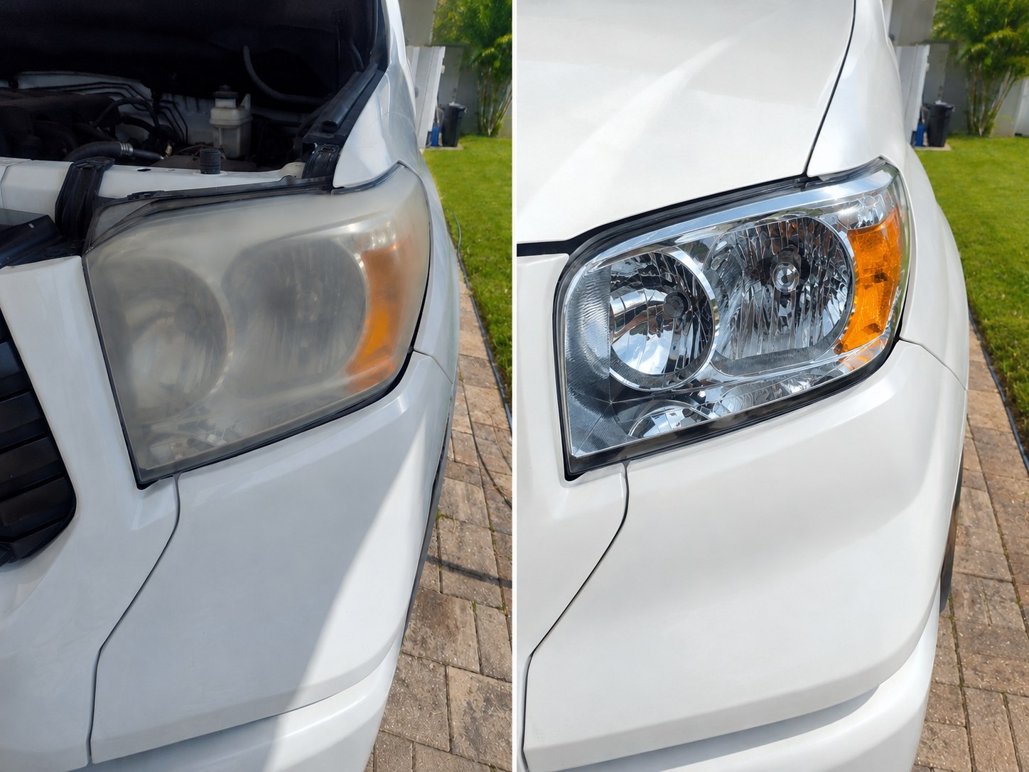 Headlight before and after on a white truck