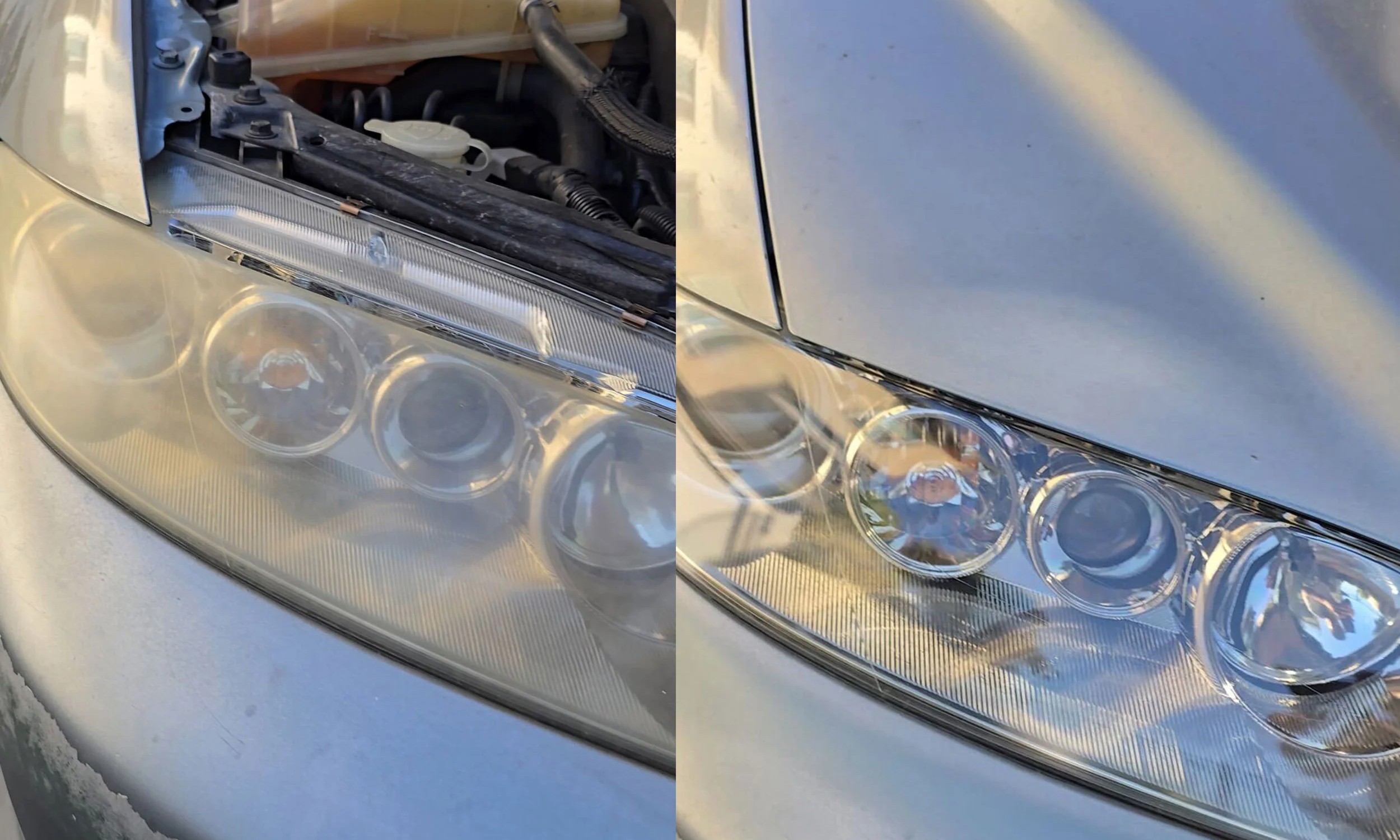 Headlight before and after on a silver car
