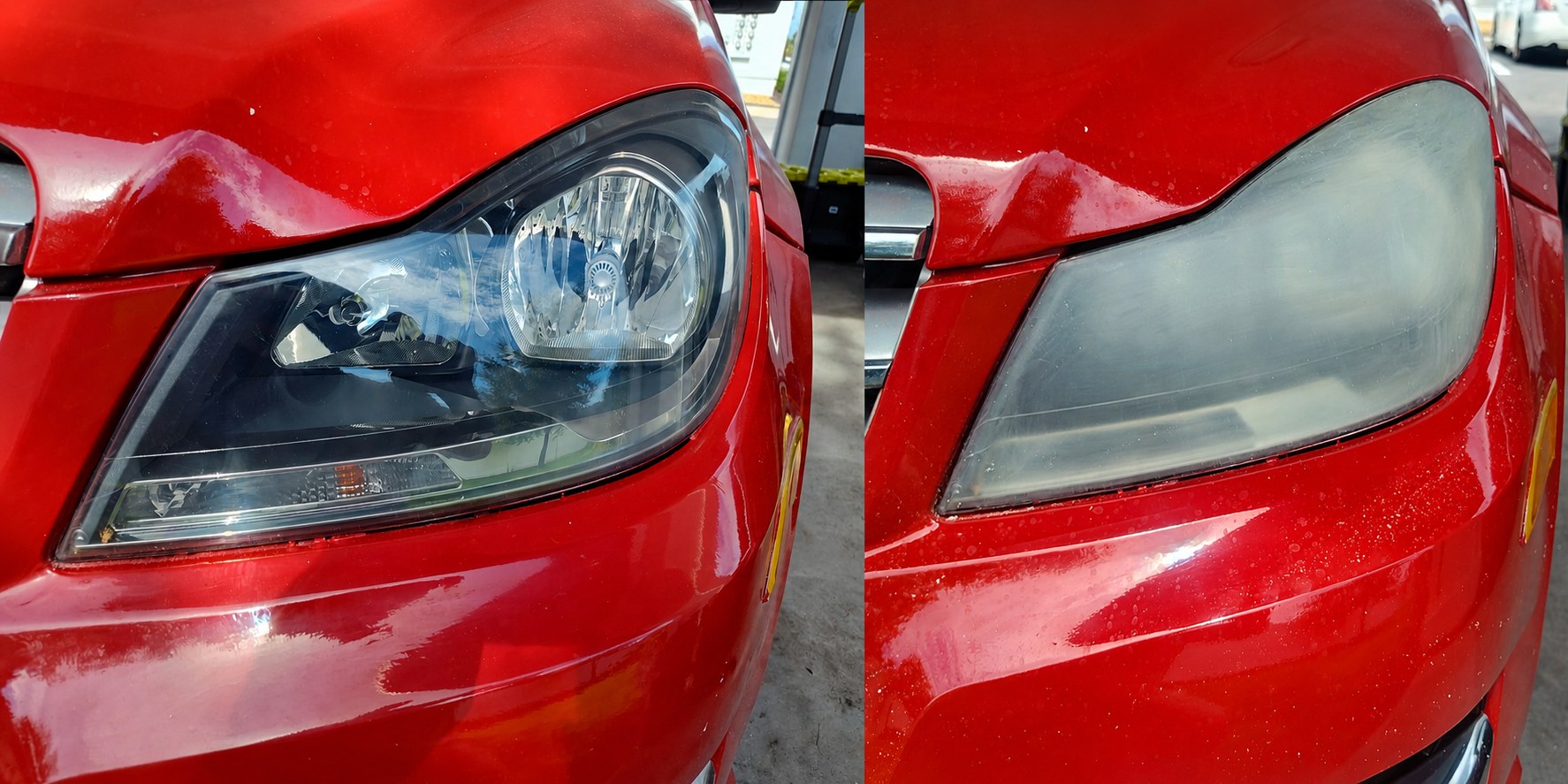 Headlight before and after on a red Mercedes