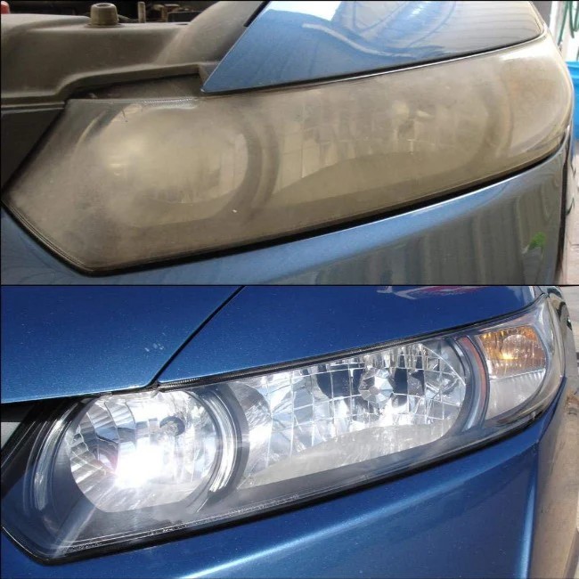 Headlight before and after on a blue car