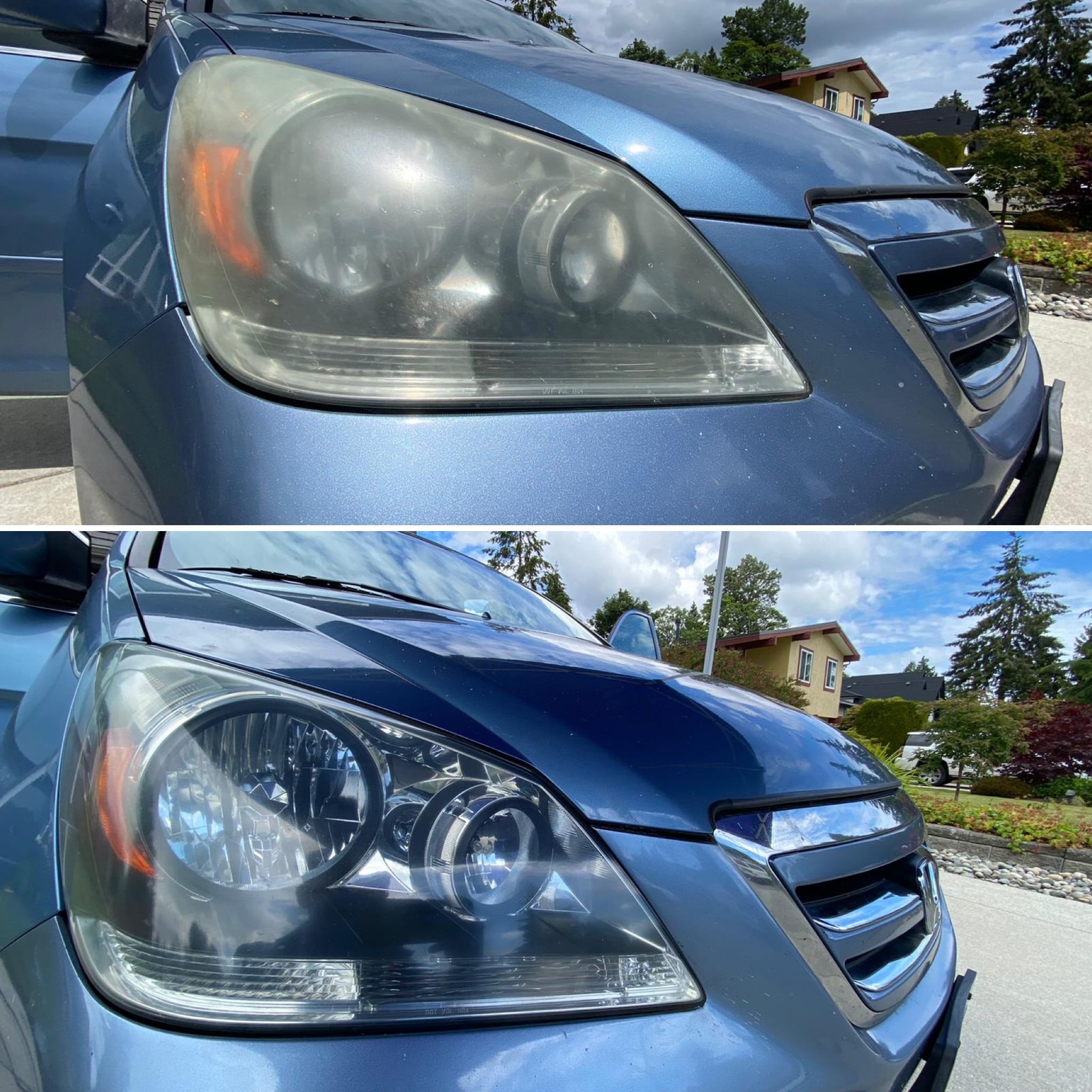 Headlight before and after on a blue SUV