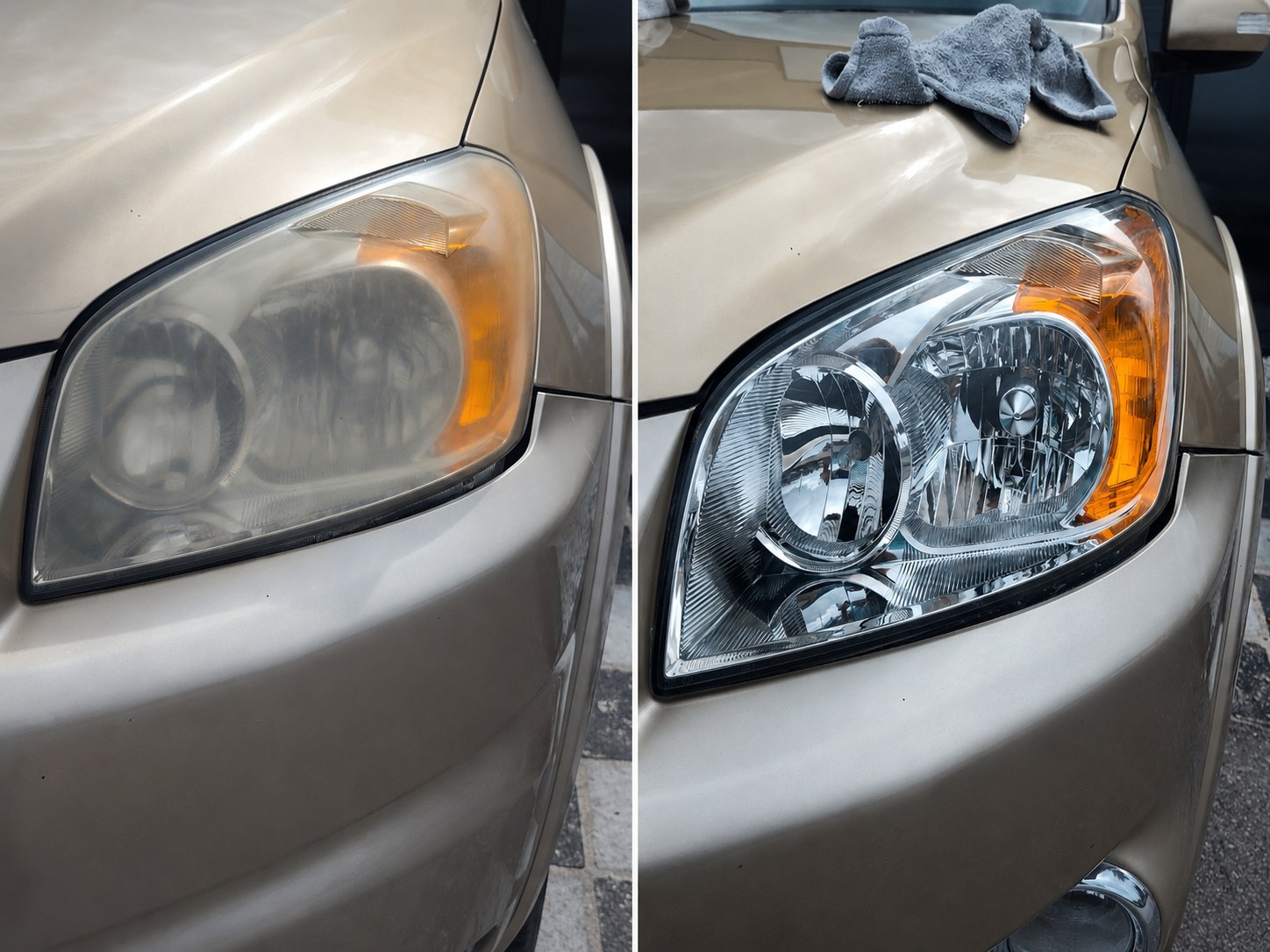 Headlight before and after on a gold SUV