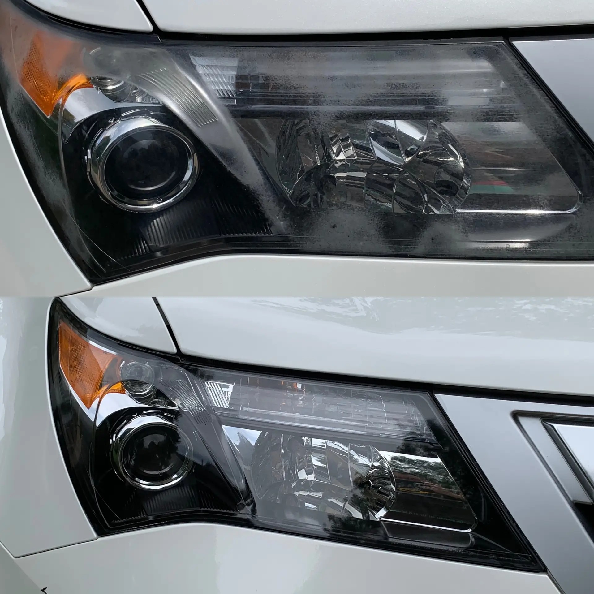 Headlight before and after on a white Acura