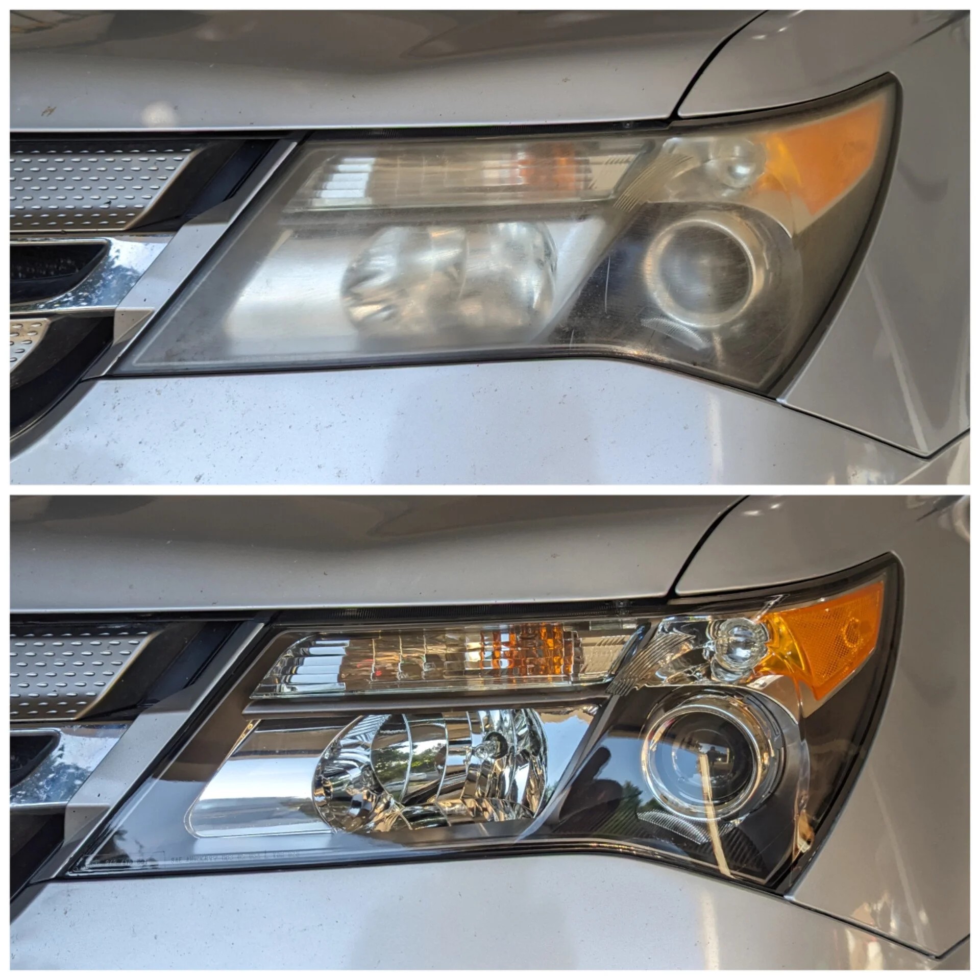 Headlight before and after on a silver Acura MDX