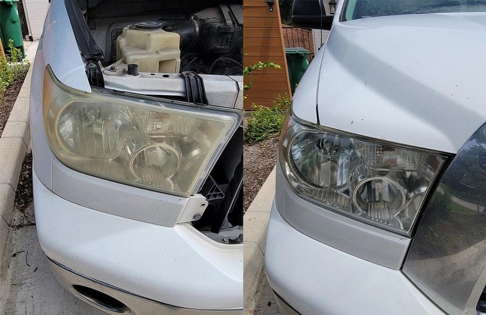 Headlight before and after on a white SUV