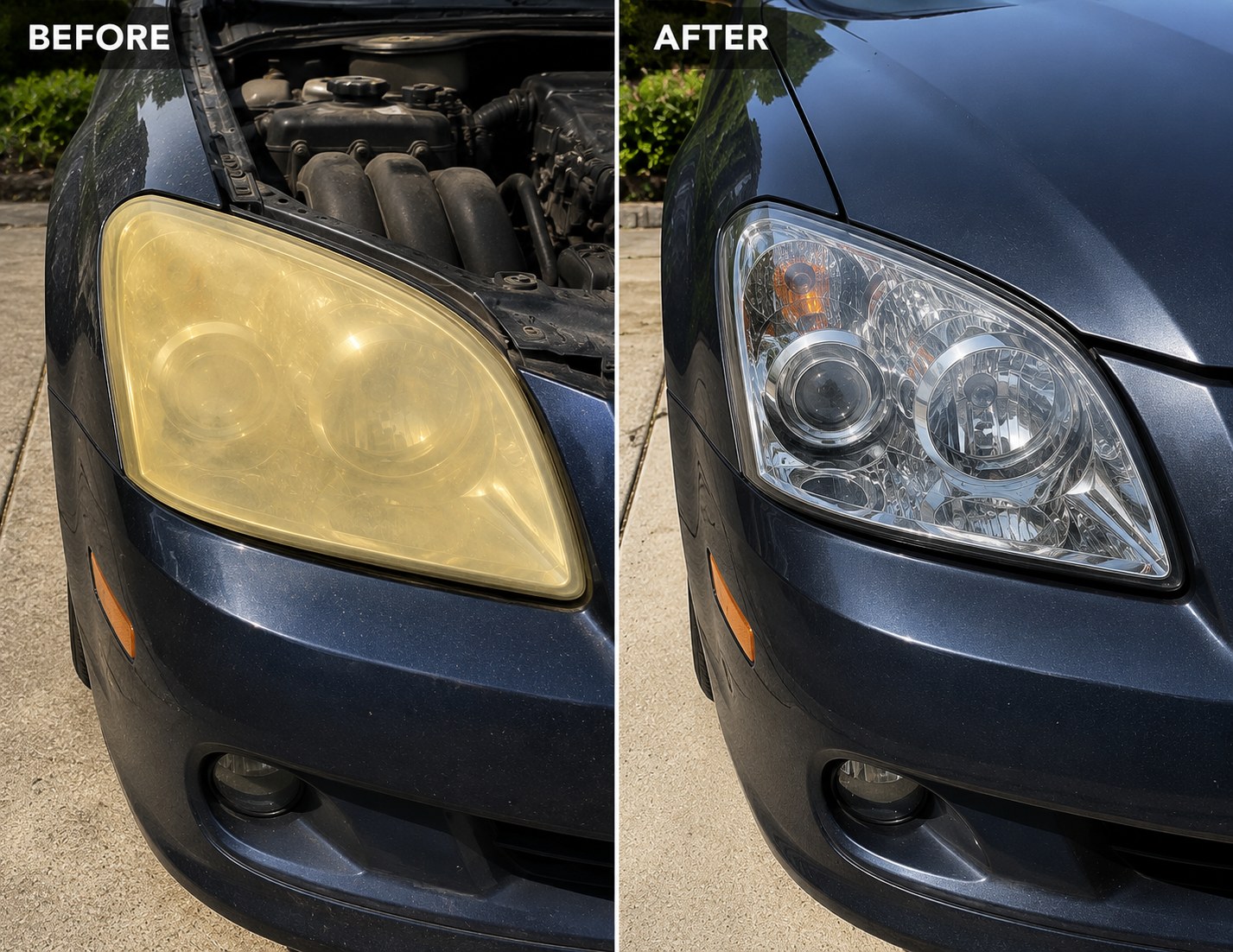 Foggy yellow headlight restored to crystal clear on a Mercedes